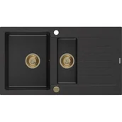 Zlewozmywaki - Mexen Matias zlewozmywak granitowy 1,5-komorowy z ociekaczem 900 x 505 mm, czarny/srebrny metalik, syfon złoty - miniaturka - grafika 1