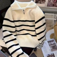 Swetry damskie - TEMU Sweter damski w paski z kolorowymi blokami - miękki, luźny pulower z kontrastowym kołnierzem, średnio rozciągliwy top na jesień i zimę, wygodna - miniaturka - grafika 1