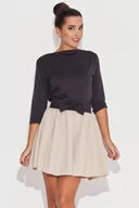 Spódnice - Rozkloszowana Beżowo-Czarna  Spódnica z Kokardą - miniaturka - grafika 1