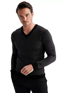 Koszulki męskie - DeFacto Męski sweter z dzianiny z długim rękawem, okrągły dekolt, slim fit dla mężczyzn, topy (czarny, L), czarny, L - grafika 1