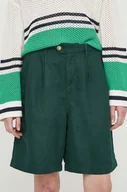 Spodenki damskie - Tommy Hilfiger szorty z domieszką lnu kolor zielony gładkie high waist - miniaturka - grafika 1