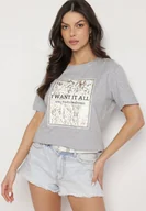 Koszulki i topy damskie - Jasnoszary Bawełniany T-shirt Ozdobiony Nadrukiem Nelltaria - miniaturka - grafika 1