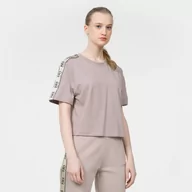 Koszulki sportowe damskie - Damski t-shirt z nadrukiem GUESS BRITNEY CROP TEE - beżowy - miniaturka - grafika 1