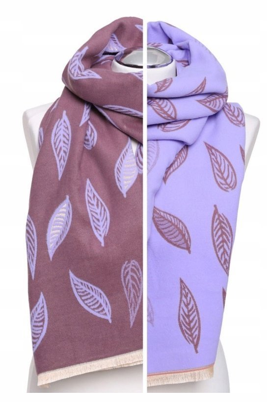 SZALIK DAMSKI SZAL JESIENNY ZIMOWY DWUSTRONNY W LIŚCIE FIOLETOWY MORAJ PURPLE