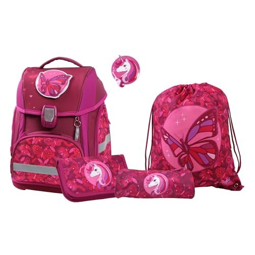 FaBAG 78022-051 - 5-częściowy zestaw tornister Butterfly/Unicorn z torbą gimnastyczną, piórnikiem, rolką na długopisy i indywidualnymi naszywkami, lekki i ergonomiczny, ok. 22 l pojemności