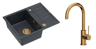 Quadron Unique Zlewozmywak granitowy jednokomorowy 62*50*22 cm z ociekaczem MORGAN 116 BLACK DIAMOND z syfonem Push-2-Open w kolorze miedzianym z baterią JODIE Q LINE SLIM kolor miedziany - Zlewozmywaki z baterią - miniaturka - grafika 1
