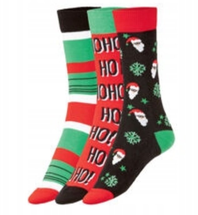 Skarpetki unisex, 3 pary (36/40, Święty Mikołaj/Hohoho/paski/zielony