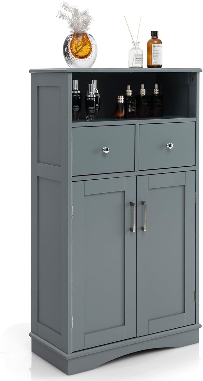 Szafka łazienkowa COSTWAY, wolnostojąca szafka do przechowywania z 2 drzwiami, 2 szufladami i 2 regulowanymi półkami, szafka do przechowywania z zabezpieczeniem przed przechyleniem