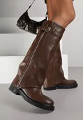 Kozaki damskie - Brązowe Kozaki Typu Bikery Ozdobione Suwakiem Klamrą i Wywiniętą Cholewką Sovera - Renee - miniaturka - grafika 1