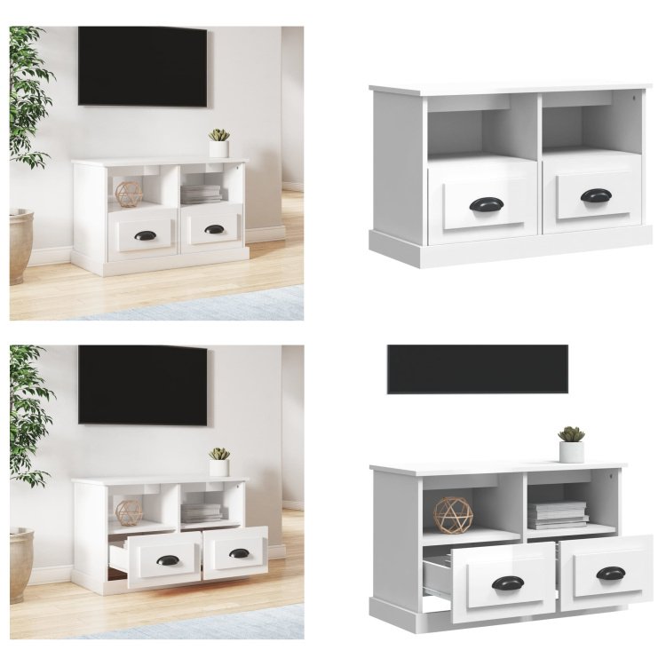 vidaXL Szafka pod TV biały wysoki połysk 80x35x50 cm materiał drewnopochodny - szafka pod TV - szafki pod TV - meble pod TV - stojak pod TV