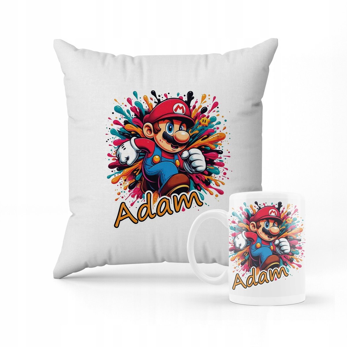ZESTAW PODUSZKA + KUBEK PREZENT DLA DZIECKA SUPER MARIO BROS + IMIĘ 18