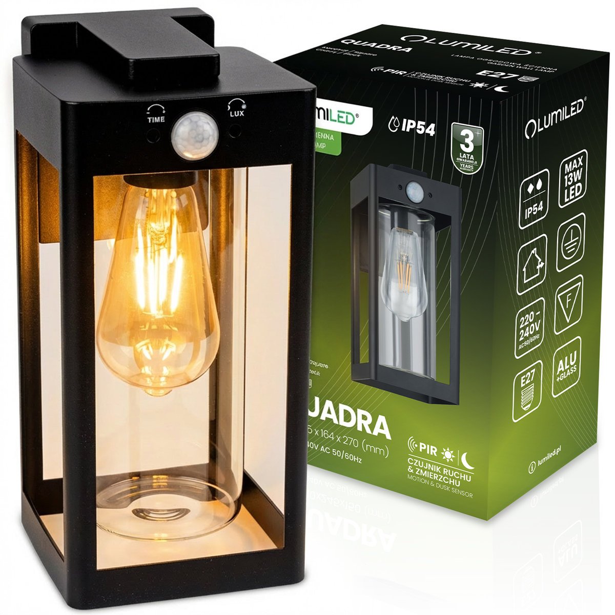 Lumiled Kinkiet Ogrodowy Elewacyjny Zewnętrzny Lampa E27 Czujnik Ruchu i Zmierzchu IP54 QUADRA