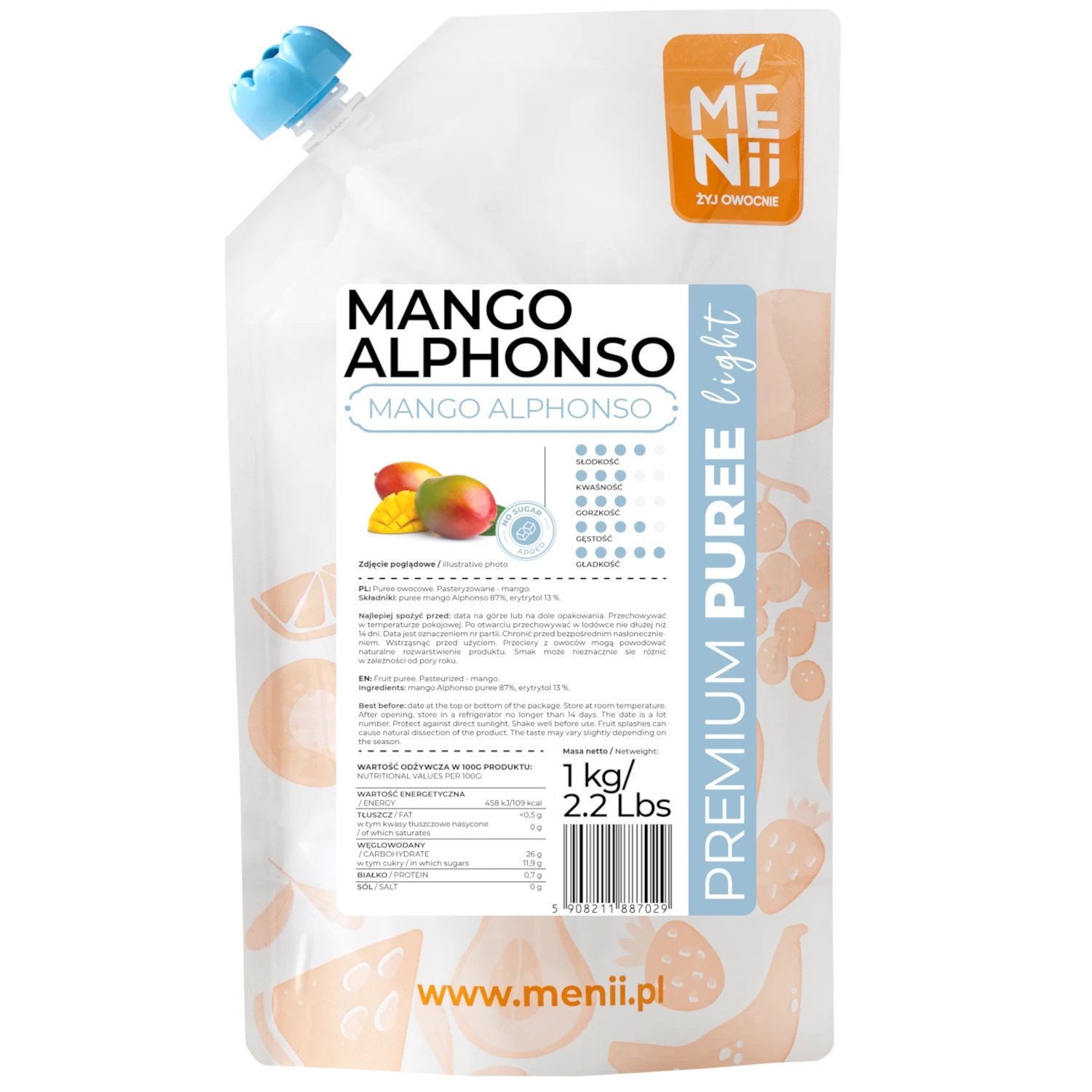 Puree Mango Alphonso LIGHT Premium z Erytrytolem Pulpa 1 kg - Menii