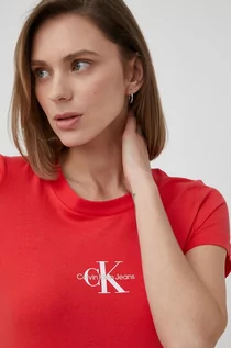 Koszulki i topy damskie - Calvin Klein Jeans Jeans T-shirt bawełniany kolor czerwony - grafika 1
