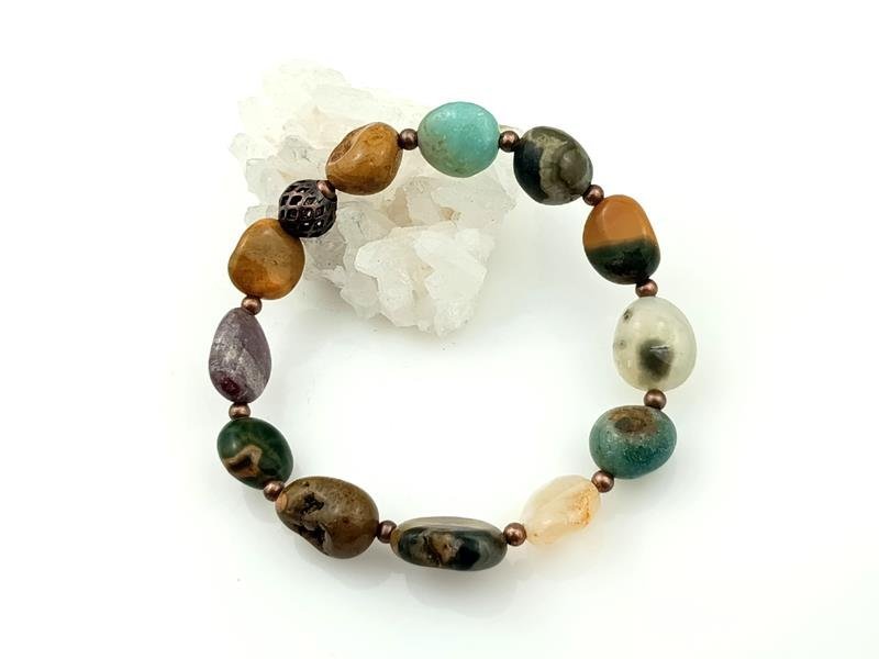 Kamyki Jaspisu Oceanicznego - Bransoletka Na Podwójnej Gumce, Mosiądz, Obwód 16 Cm, Waga 15.6 Grama, Rękodzieło