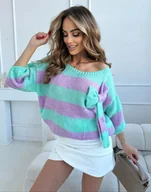 Swetry damskie - KRÓTKI SWETER WENDY W PASKI Z KOKARDĄ POLSKI PRODUCENT J&K PREMIUM -  TURKUSOWY - miniaturka - grafika 1