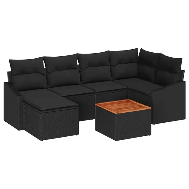 Zestaw Narożny Ogrodowy z Polirattanu z Poduszkami, Czarny, 7 Elementów