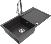 Zlewozmywaki z baterią - Mexen Leo zlewozmywak granitowy 1-komorowy z ociekaczem i baterią kuchenną Elia, czarny nakrapiany - 6501-76-670101-00 - miniaturka - grafika 1