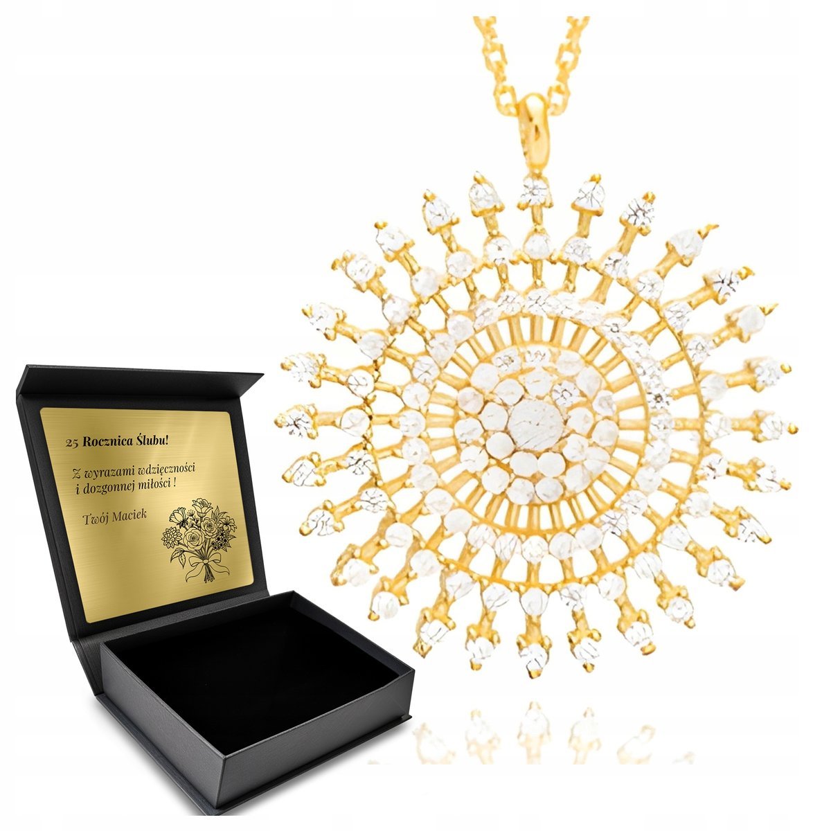 Łańcuszek Naszyjnik Srebrny Pozłacany Cyrkonie Biżuteria Dla Kobiety Grawer