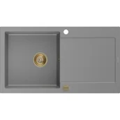 Zlewozmywaki - Mexen Leo zlewozmywak granitowy 1-komorowy z ociekaczem 900 x 500 mm, szary, syfon złoty - miniaturka - grafika 1