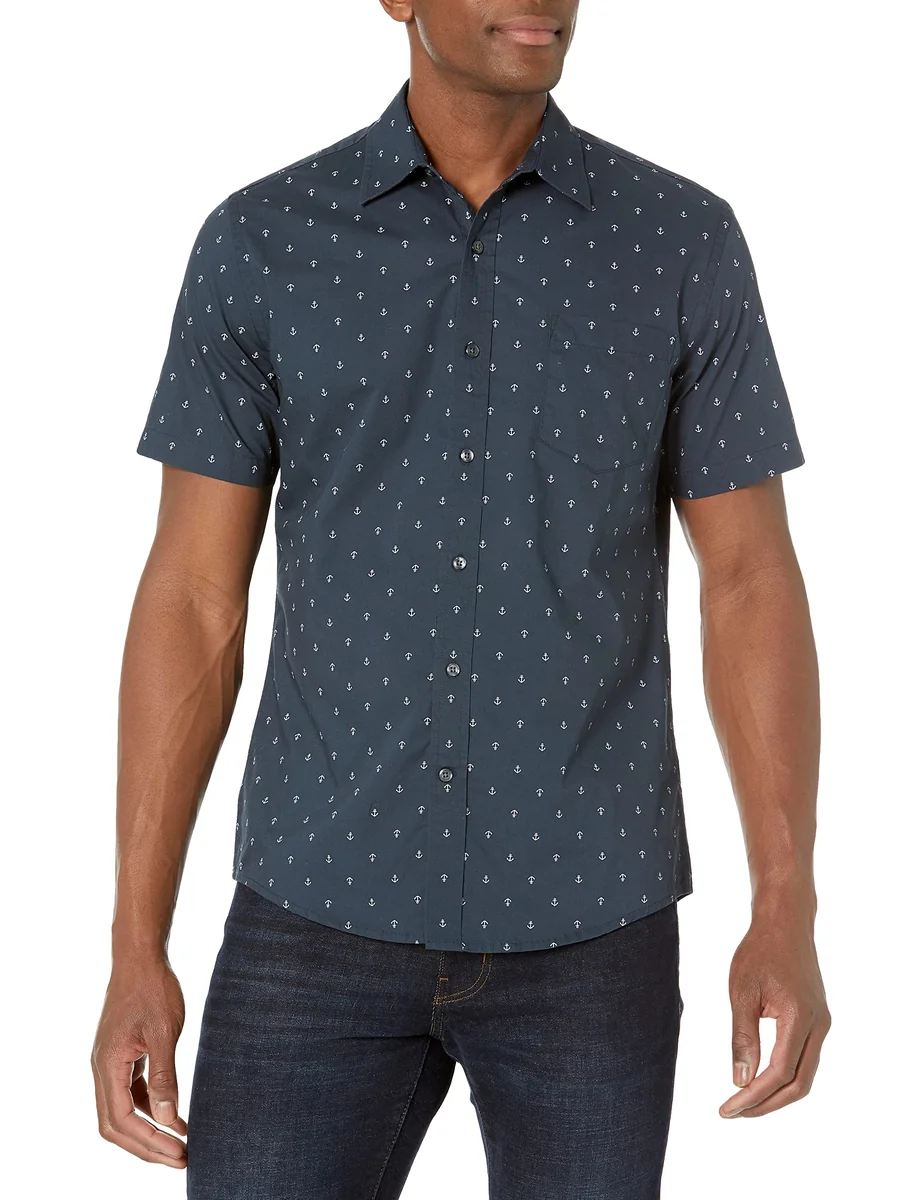 Amazon Essentials Męskie Koszula z krótkim rękawem i nadrukiem slim fit, Granatowy Biały Nadruk kotwica, XS