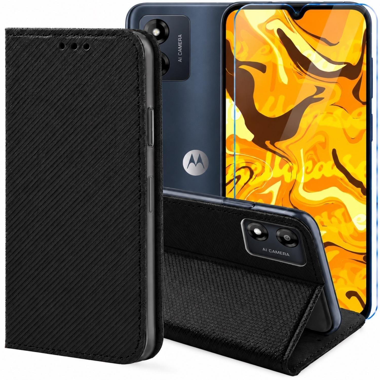 Hello Case Etui z Klapką Do Motorola Moto E13 Czarne, Zamykane, Magnetyczne Szkło BNDL3396