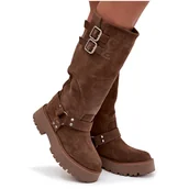 Kozaki damskie - Skórzane Zamszowe Kozaki Damskie Z Klamrami Ocieplane Big Star OO274A182 Beżowe-39 - miniaturka - grafika 1