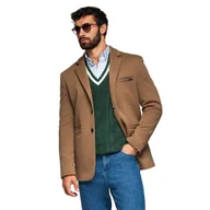 Marynarki męskie - Dzianinowa męska marynarka dopasowany krój jasnobrązowa V4 OM-BLZB-0100 XXL - miniaturka - grafika 1