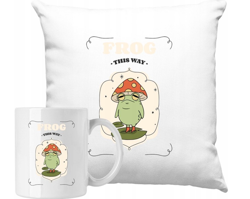 ZESTAW PODUSZKA + KUBEK Żaba Śmieszna Frog Muchomor Pomysł Na Prezent