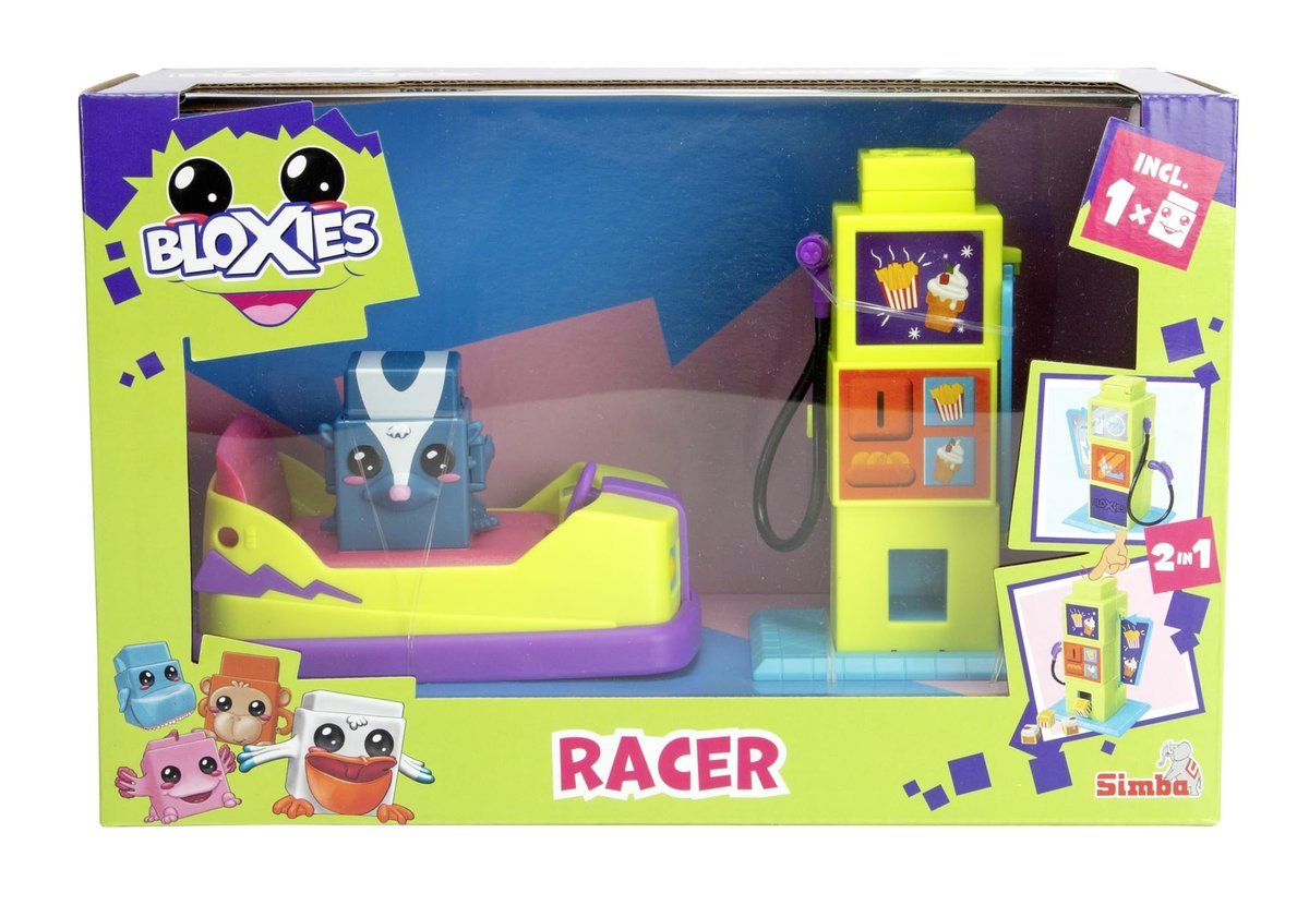 Simba 105952629 Bloxies Wyścigówka, z funkcją Press and Go, 12 cm, stacja ładująca 2 w 1 i automatem do przekąsek, 1 figurka Bloxie, od 3 lat