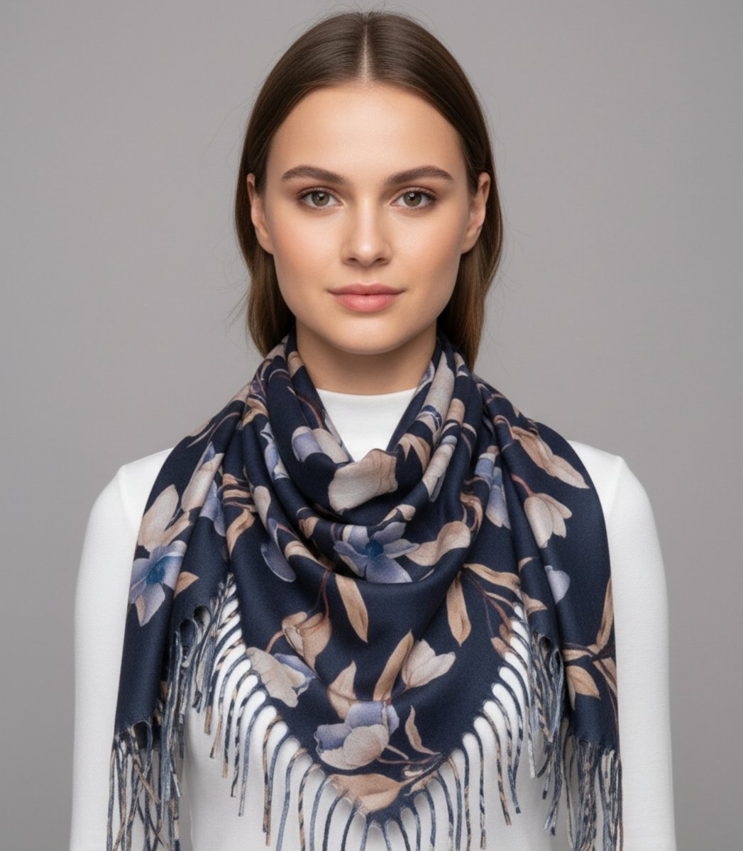 Elegancka kwiatowa chusta szal szalik z frędzlami