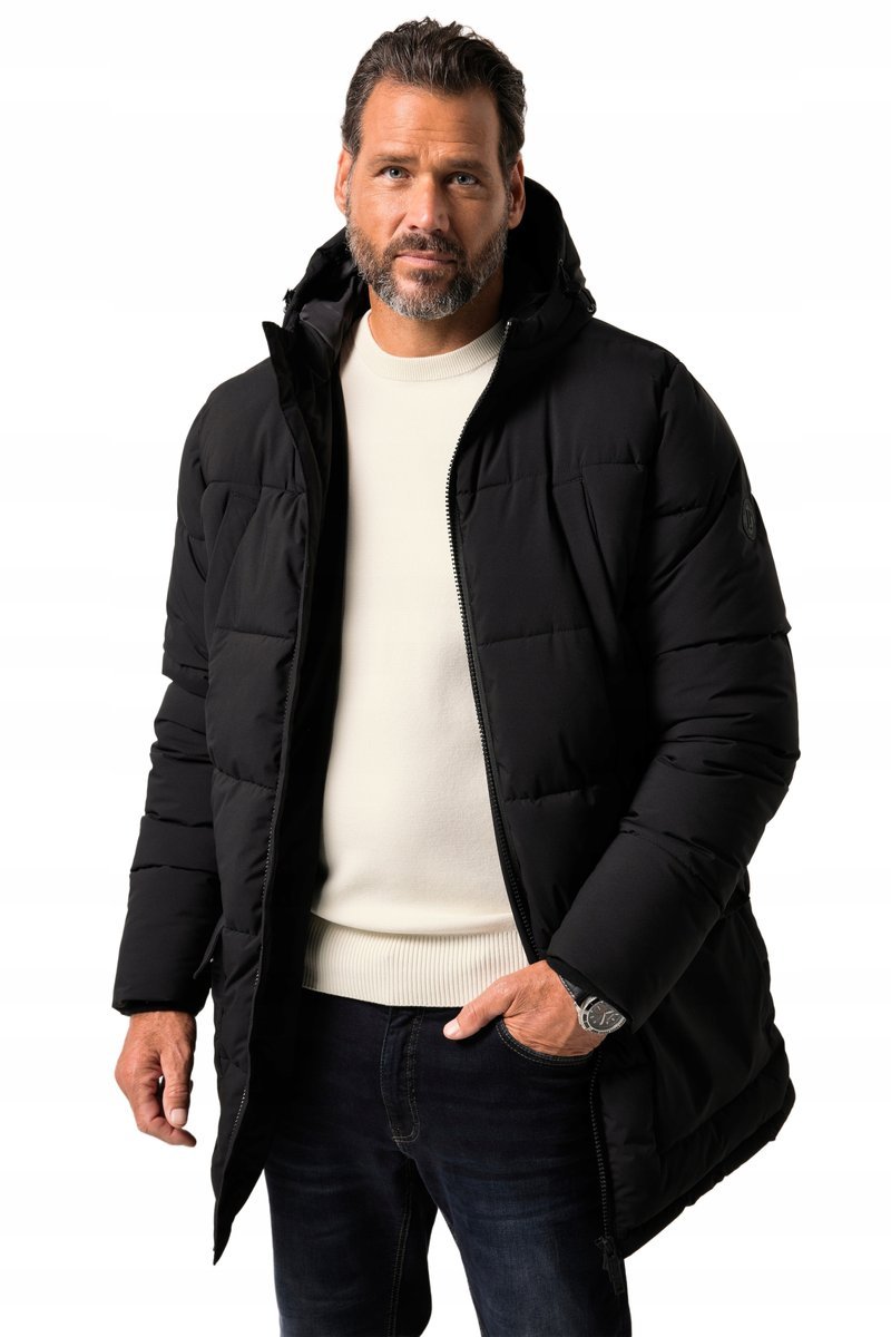 JP1880 MĘSKA KURTKA PLUS SIZE CZARNA PIKOWANA Z KAPTUREM 6XL 1JPA