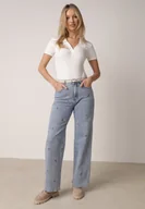 Spodnie damskie - Niebieskie Jeansy z Bawełną o Szerokim Kroju z Wysokim Stanem Ozdobione Haftem Oslian - miniaturka - grafika 1