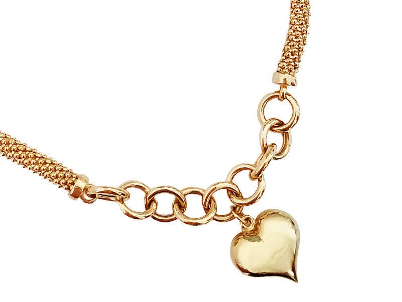 Złoty naszyjnik 585 gładkie serce z dużymi ogniwami rolo i splotem popcorn 15,15g