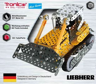 Tronico Toys tronico 10039  metalowe zestaw budowlany spycharki gąsienicowe Liebherr z silnikiem hałasu, skala 1: 32, seria Mini, żółty, 551 części - Zabawki konstrukcyjne - miniaturka - grafika 1