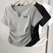 Bluzki damskie - TEMU Zestaw 3 sztuk: Damska Casualowa Modna Bluza z Kokardą, Plisowana, Jednokolorowa, Krótki Rękaw i Okrągły Dekolt - miniaturka - grafika 1