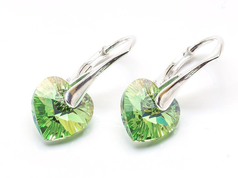 Srebrne Kolczyki 925 Z Kryształami Swarovski Serca 10Mm Peridot Ab
