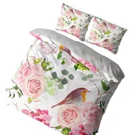 Pościel - Pościel 3D - Różowe róże/ptak/biało/szara- 200x200 - 3 cz. - miniaturka - grafika 1