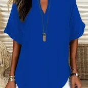 Koszule damskie - TEMU Elegancka bluzka damska z dekoltem w kształcie litery V i opadającymi ramionami - jednokolorowa, casualowa bluzka letnia na weekend, luźny krój, - miniaturka - grafika 1