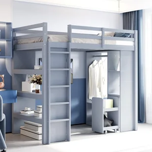 Łóżko piętrowe dla dzieci 90 x 200 cm z półkami i otwartą szafą - Sosna + sklejka + MDF - Szare (Bez materaca) - Łóżka dla dzieci i młodzieży Łóżko piętrowe dla dzieci 90 x 200 cm z półkami i otwartą szafą - Sosna + sklejka + MDF - Szare (Bez materaca) - Łóżka dla dzieci i młodzieży - miniaturka - grafika 1