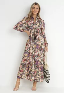 Sukienki - Beżowo-Fioletowa Rozkloszowana Sukienka w Kwiaty z Falbanką Remari - grafika 1