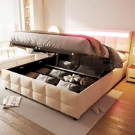 Łóżka - Łóżko tapicerowane hydrauliczne Flieks 180x200cm z LED, łóżko sprężynowe ze stelażem listwowym, łóżko podwójne łóżko młodzieżowe łóżko drewniane, aksamit, beżowy - miniaturka - grafika 1