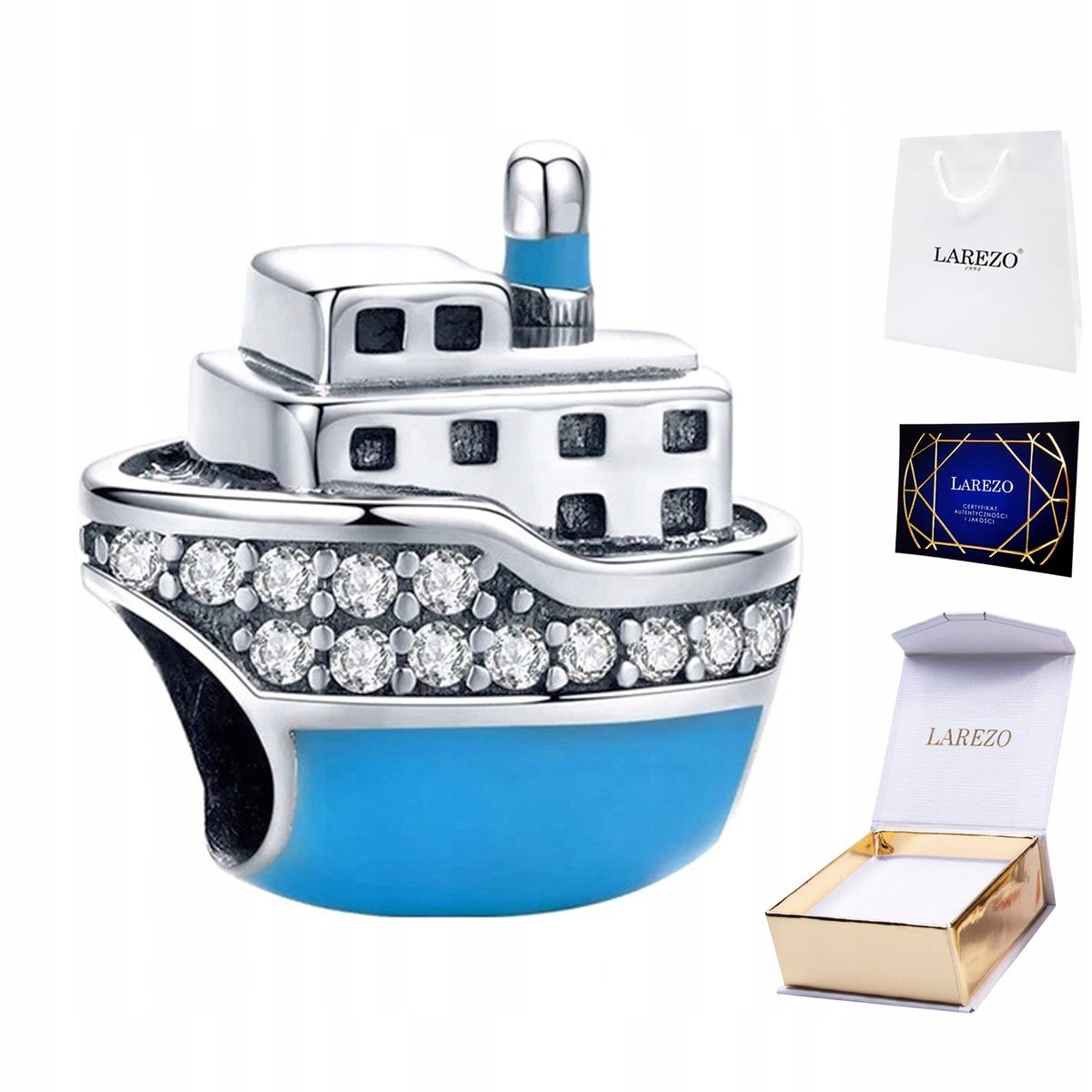 CHARMS SREBRNY Koralik Statek Morze Podróż Morski z Cyrkoniami SREBRO 925