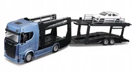Samochody i pojazdy dla dzieci - CIĘŻARÓWKA SCANIA 770 S LAWETA PORSCHE MACAN 1:43 MODEL BBURAGO 18-31467 - miniaturka - grafika 1