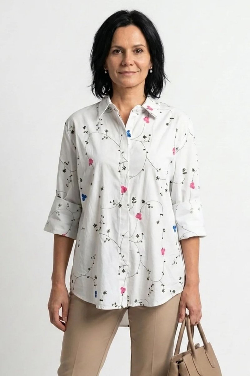 Bluzka koszula damska biała w kwiaty elegancka bawełniana Made in Italy