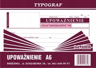 DRUK OFFSETOWY UPOWAŻNIENIE TYPOGRAF A6/80 02039 - Druki akcydensowe - miniaturka - grafika 1