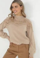 Swetry damskie - Beżowy Sweter Dzianinowy z Koronką Amaleth - miniaturka - grafika 1