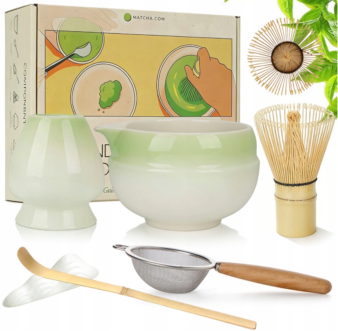 Zestaw Do Matcha 7 Części Gradient Zielony Z Miską Miotełką Sitkiem Górą