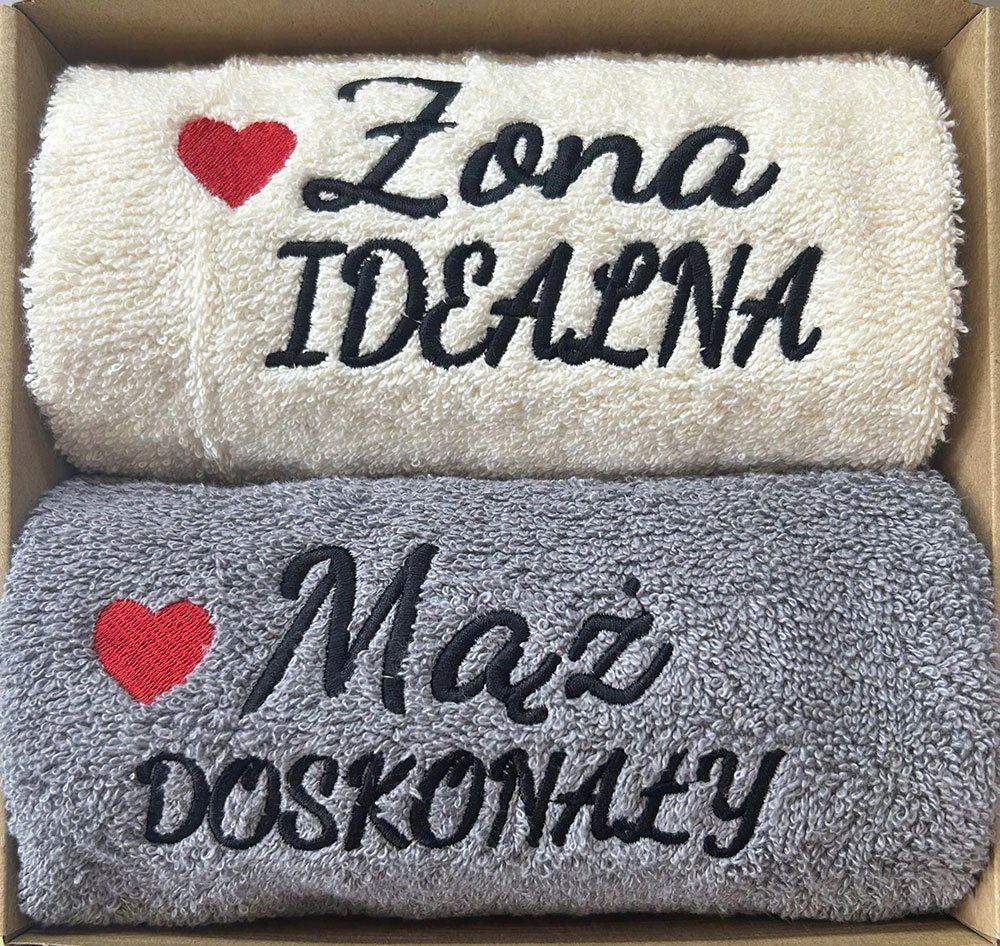 PREZENT NA ŚLUB KOMPLET RĘCZNIKÓW 50X100 ZESTAW IDEALNA ŻONA DOSKONAŁY MĄŻ