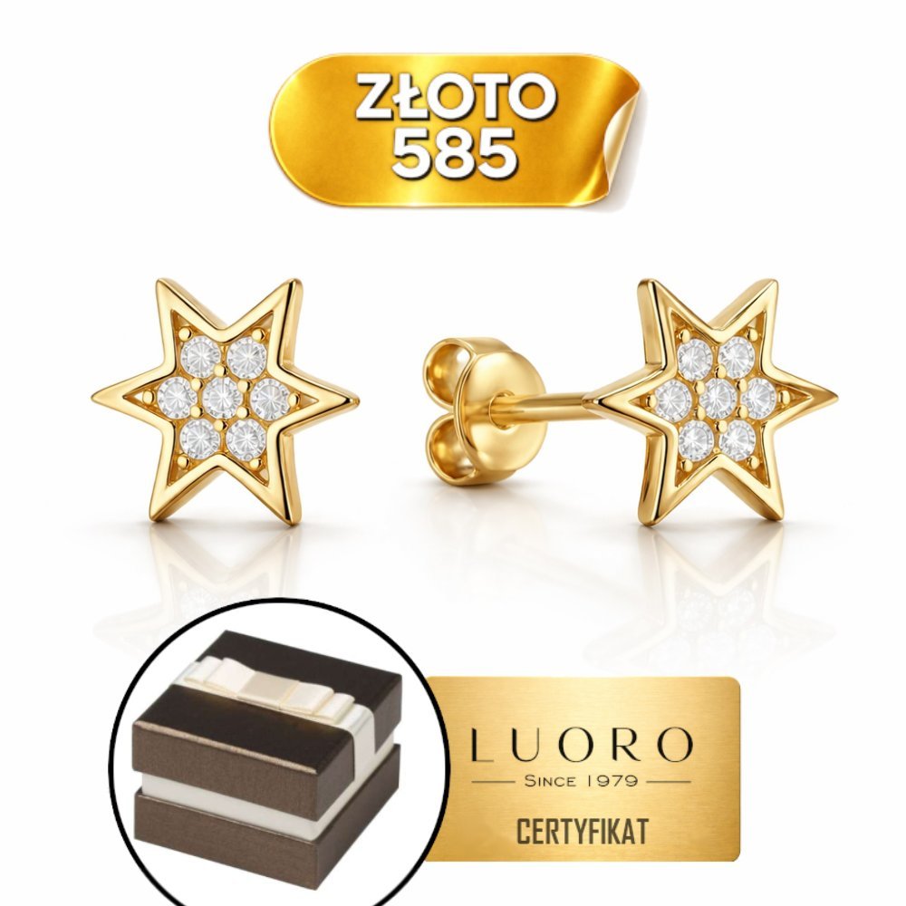 KOLCZYKI ZŁOTE 585 14K GWIAZDKI Z CYRKONIAMI 7 MM SZTYFT ELEGANCKIE